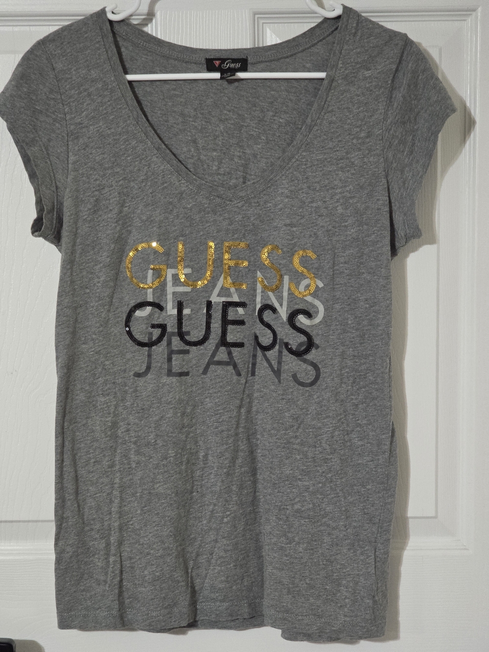 Guess Gray Short Sleeve V-Neck Tee with Gold and Black Logo